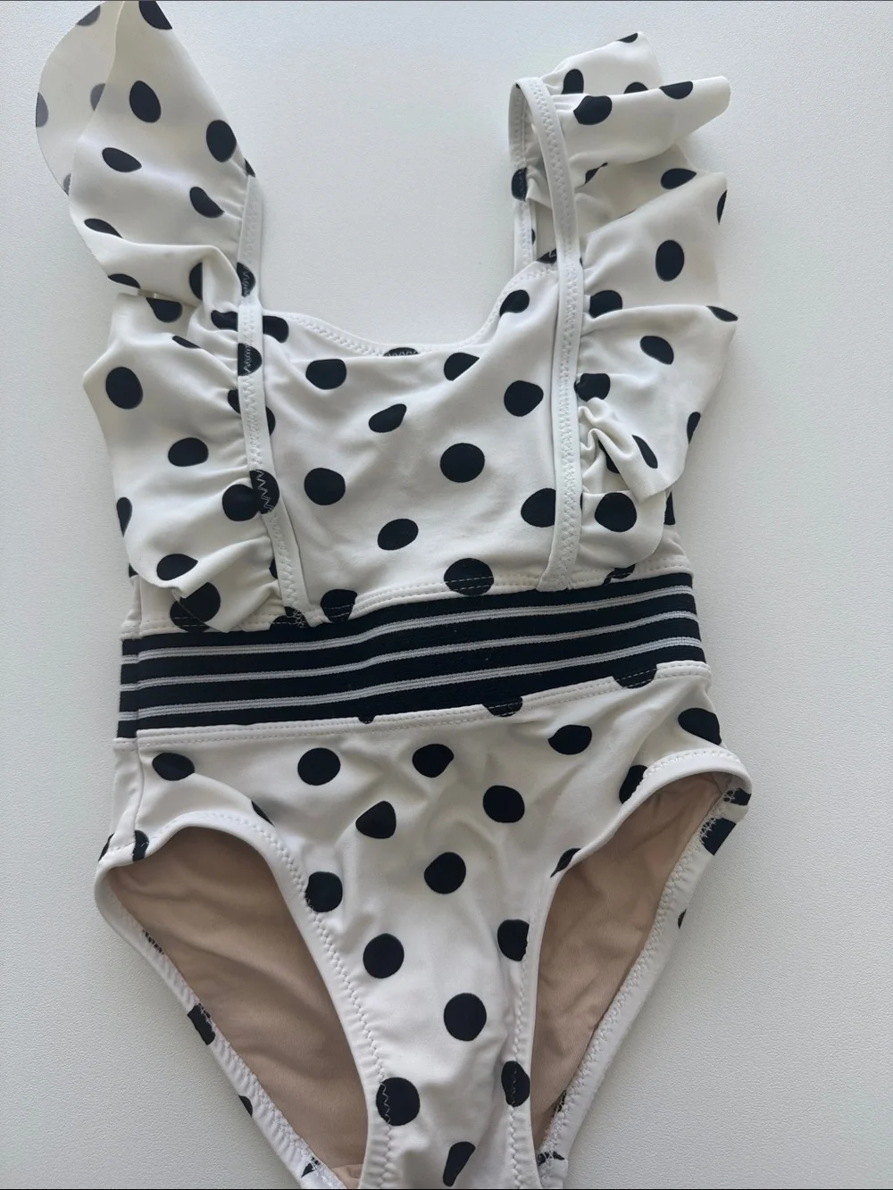 Toddler Black & White Polka Dot Ruffle One-Piece Swimsuit with Striped Waist